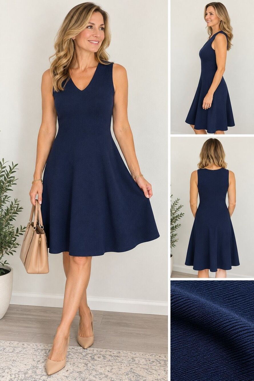 J. McLaughlin Navy Blue Sleeveless V-Neck Knit A-Line Knee Length Dress Size M